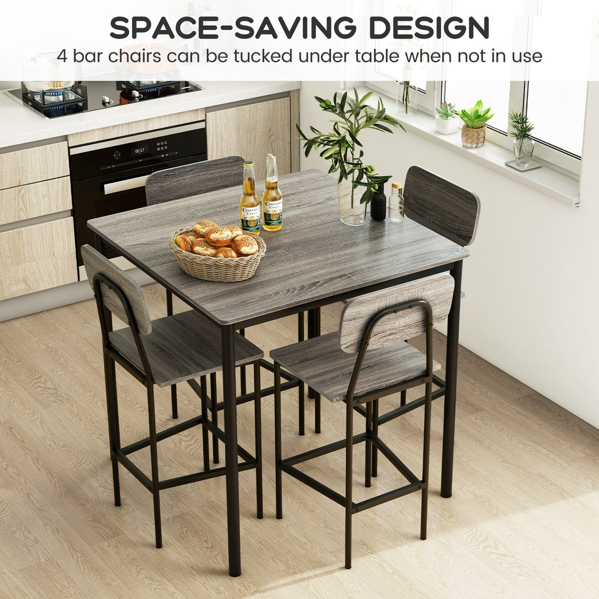 5-Piece Industrial Dining Table Set with Counter Height Table and 4 Bar Stools