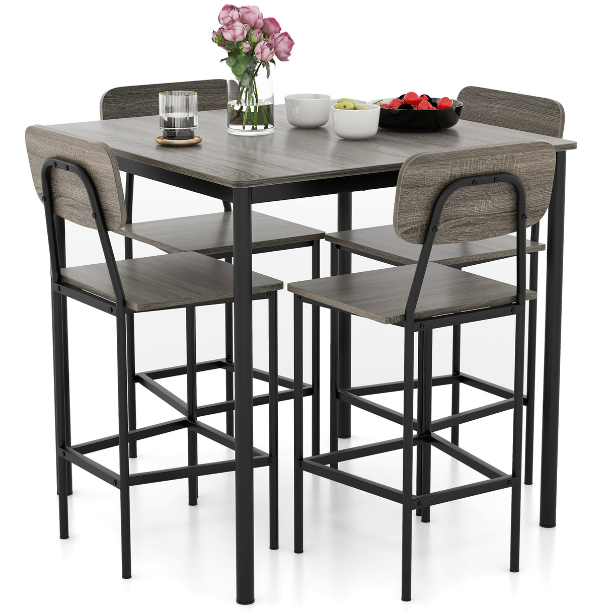 5-Piece Industrial Dining Table Set with Counter Height Table and 4 Bar Stools