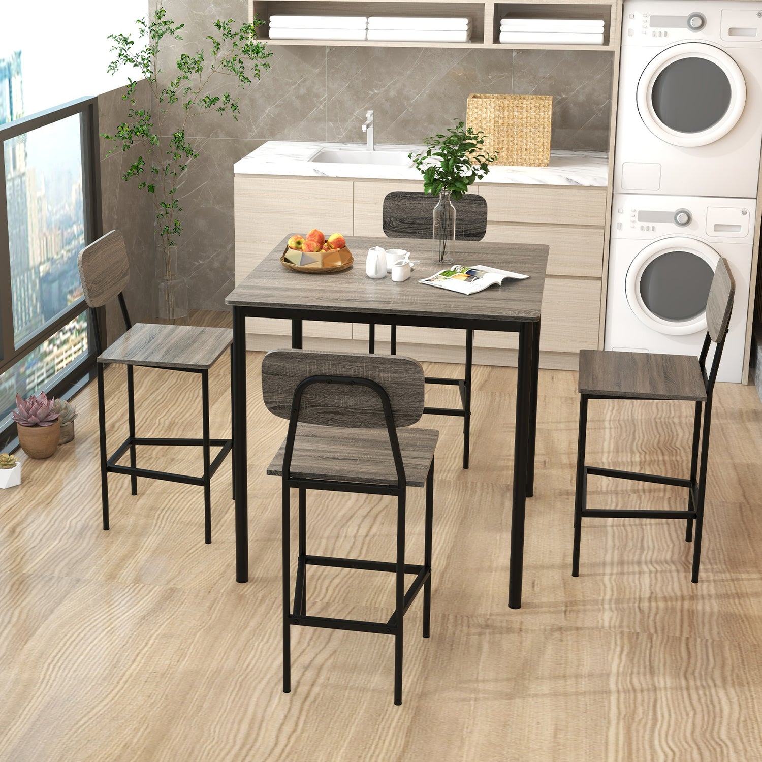 5-Piece Industrial Dining Table Set with Counter Height Table and 4 Bar Stools