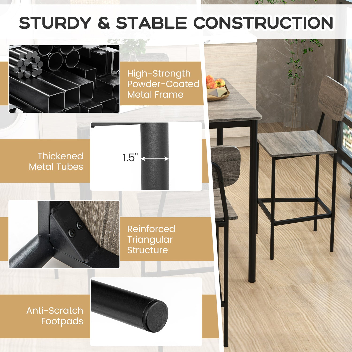 5-Piece Industrial Dining Table Set with Counter Height Table and 4 Bar Stools