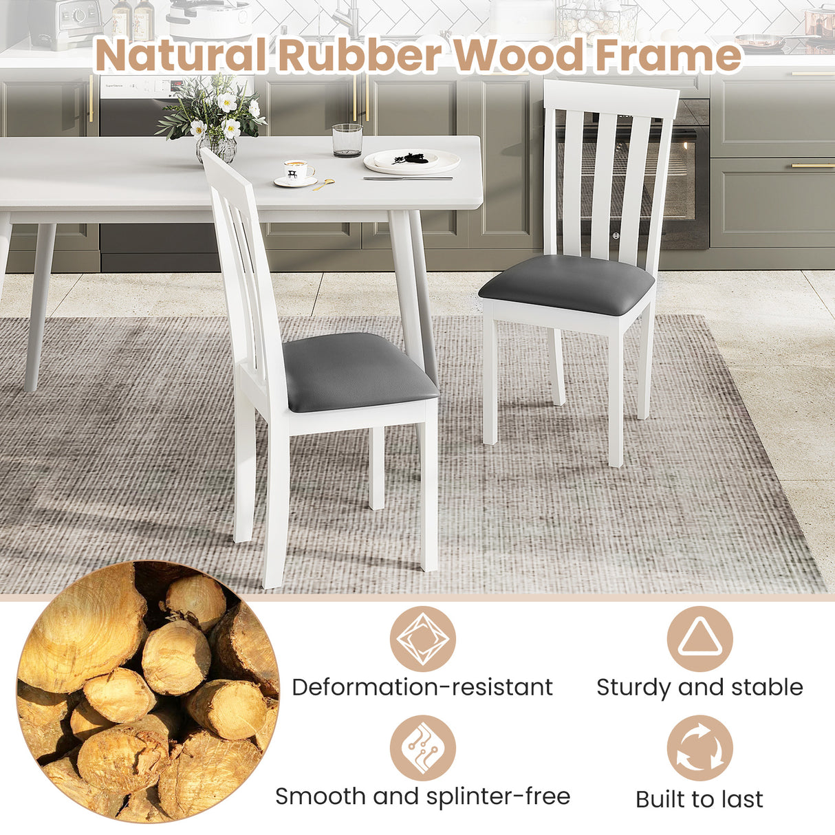 Dining Chair Set of 2 Upholstered Wooden Kitchen Chairs with Padded Seat and Rubber Wood Frame