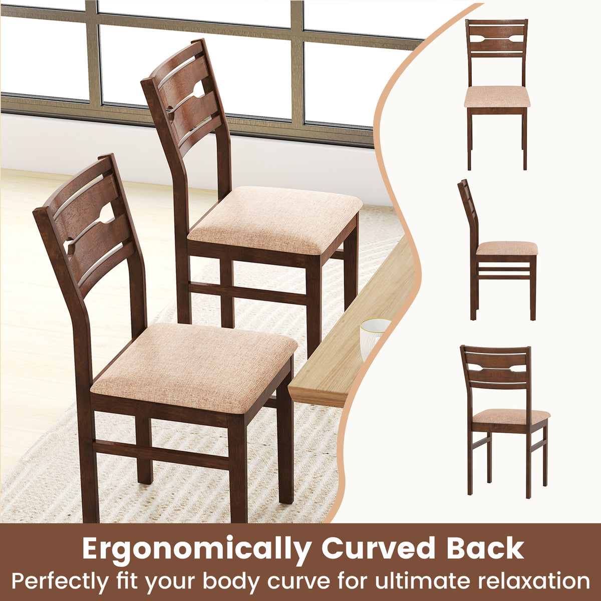 Dining Chair Set of 2/4 with Rubber Wood Frame and Padded Seat-2/Seat-4