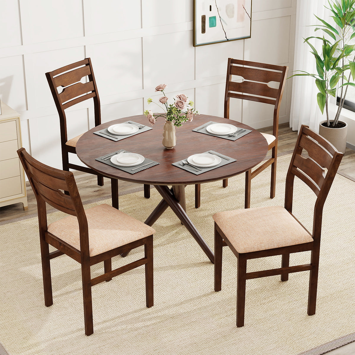 Dining Chair Set of 2/4 with Rubber Wood Frame and Padded Seat-2/Seat-4