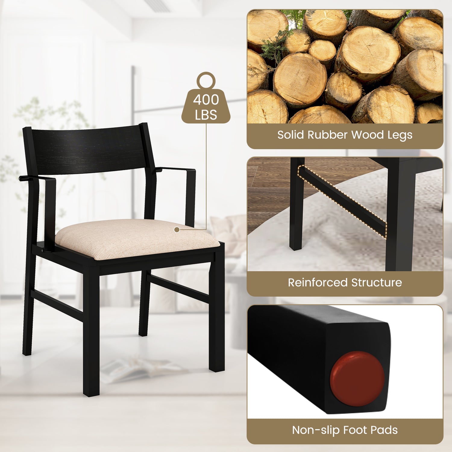 Dining Chair with Contoured Backrest and Padded Seat Set of 2-Beige