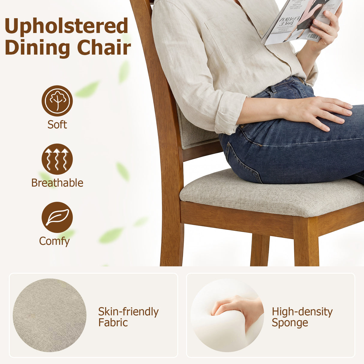 Dining Chairs Set of 2 Dining Room Chairs with Rubber Wood Frame-Brown