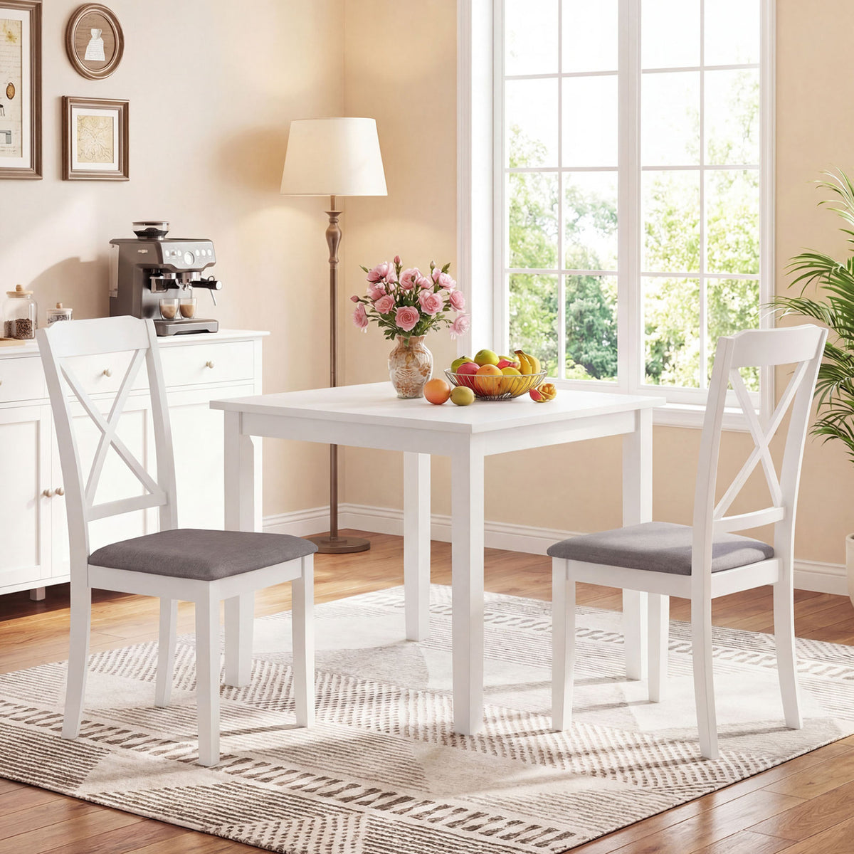 Dining Chairs Set of 2 Rubber Wood Dining Room Chairs with Comfortable Backrest and Padded Seat-White