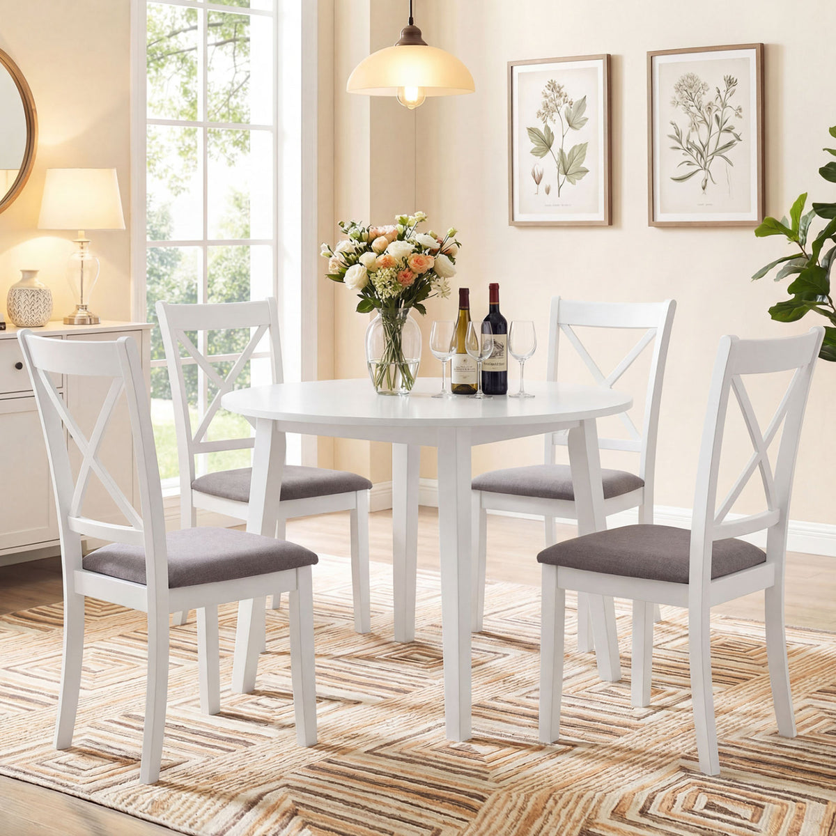 Dining Chairs Set of 2 Rubber Wood Dining Room Chairs with Comfortable Backrest and Padded Seat-White