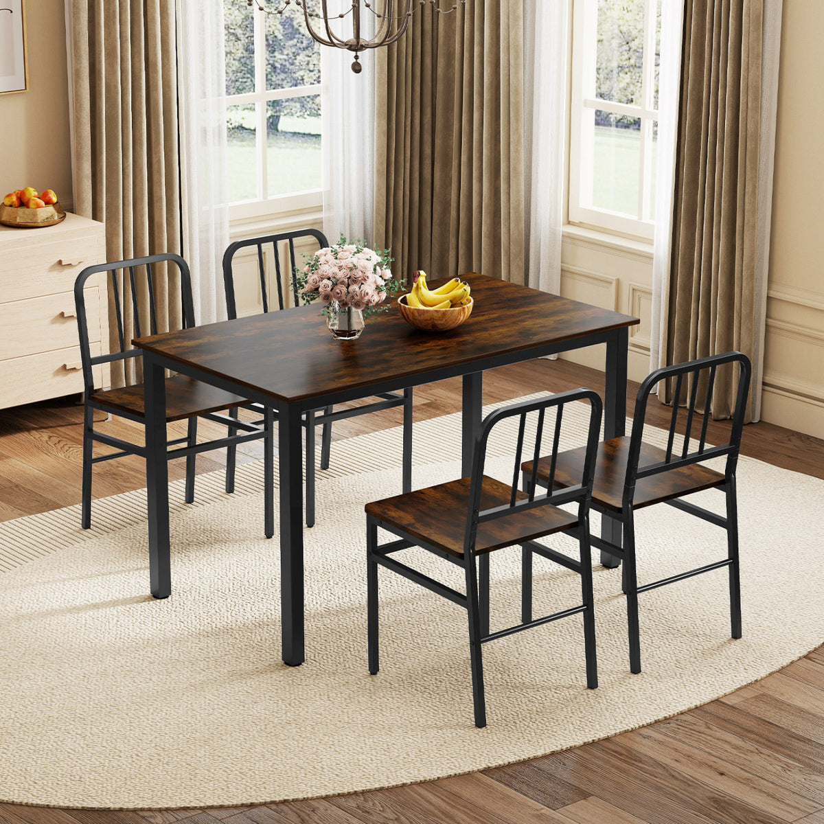 Dining Chairs Set of 4 with Slatted Backrest & Metal Frame and Wooden Seat