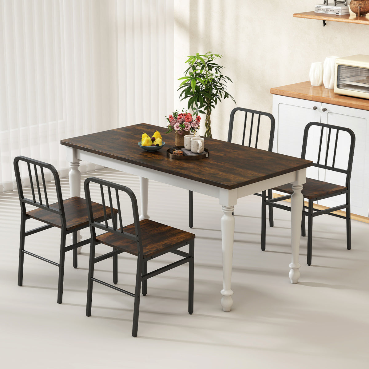 Dining Chairs Set of 4 with Slatted Backrest & Metal Frame and Wooden Seat
