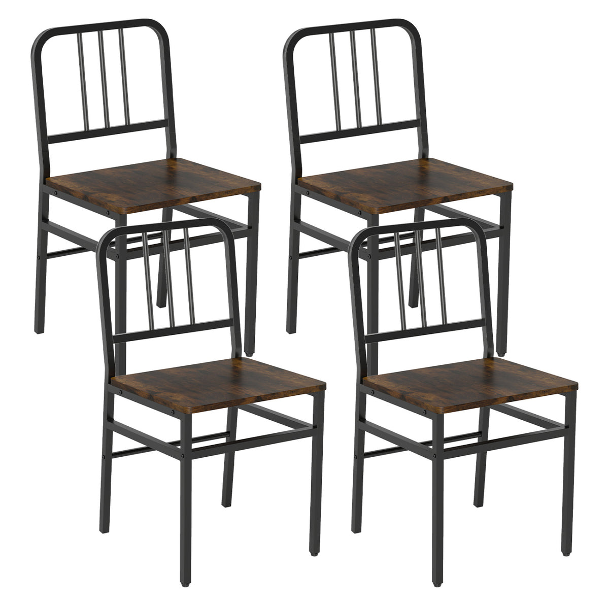 Dining Chairs Set of 4 with Slatted Backrest & Metal Frame and Wooden Seat