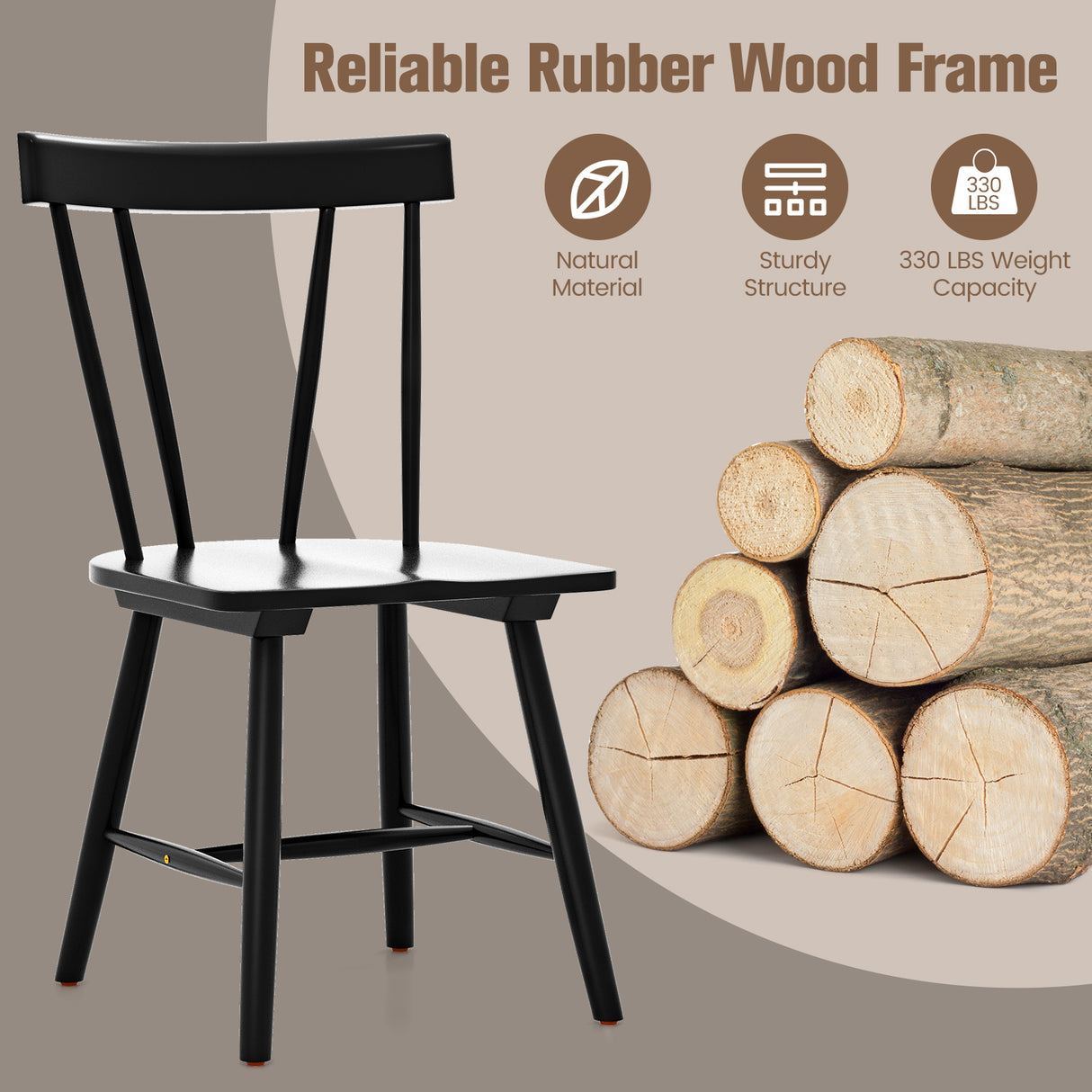 Windsor Style Armless Chairs with Solid Rubber Wood Frame