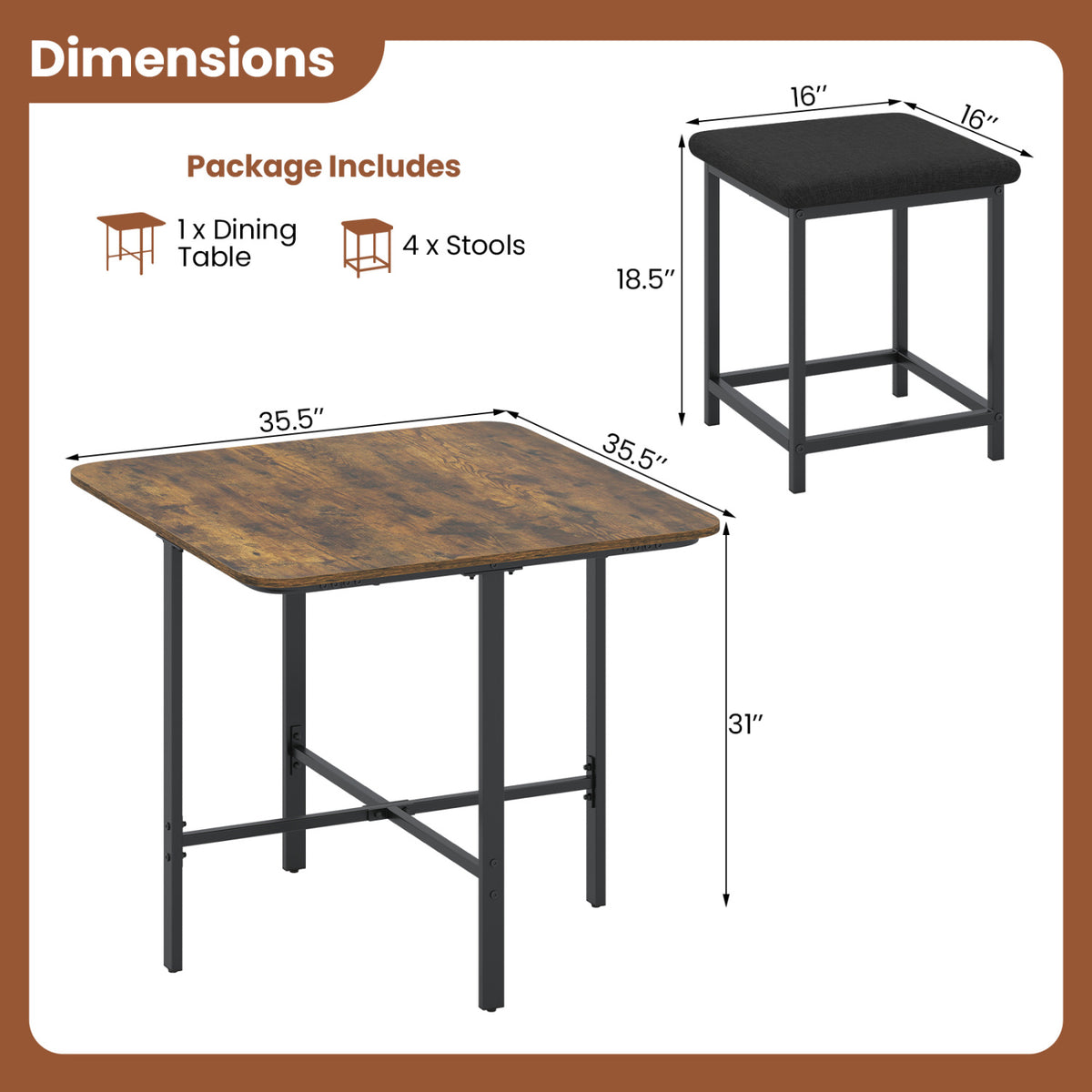 Dining Table Set with 4 Upholstered Stools and Metal Frame