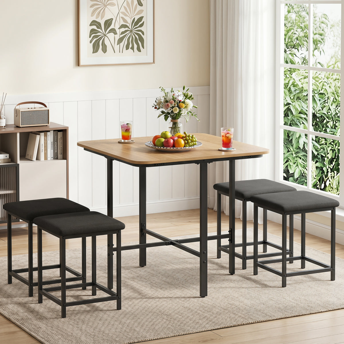 Dining Table Set with 4 Upholstered Stools and Metal Frame