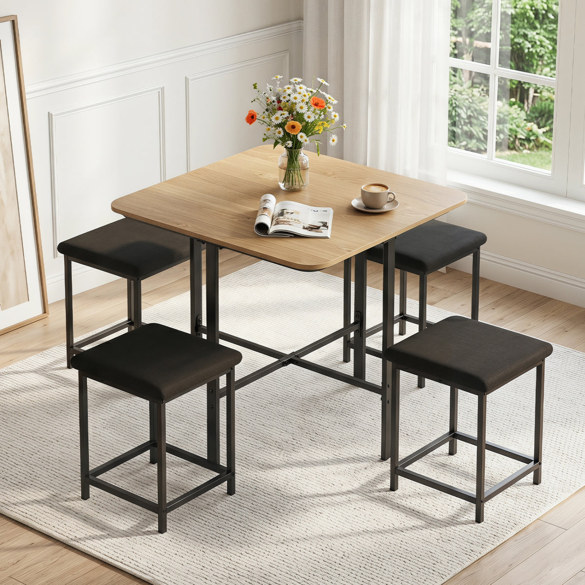Dining Table Set with 4 Upholstered Stools and Metal Frame