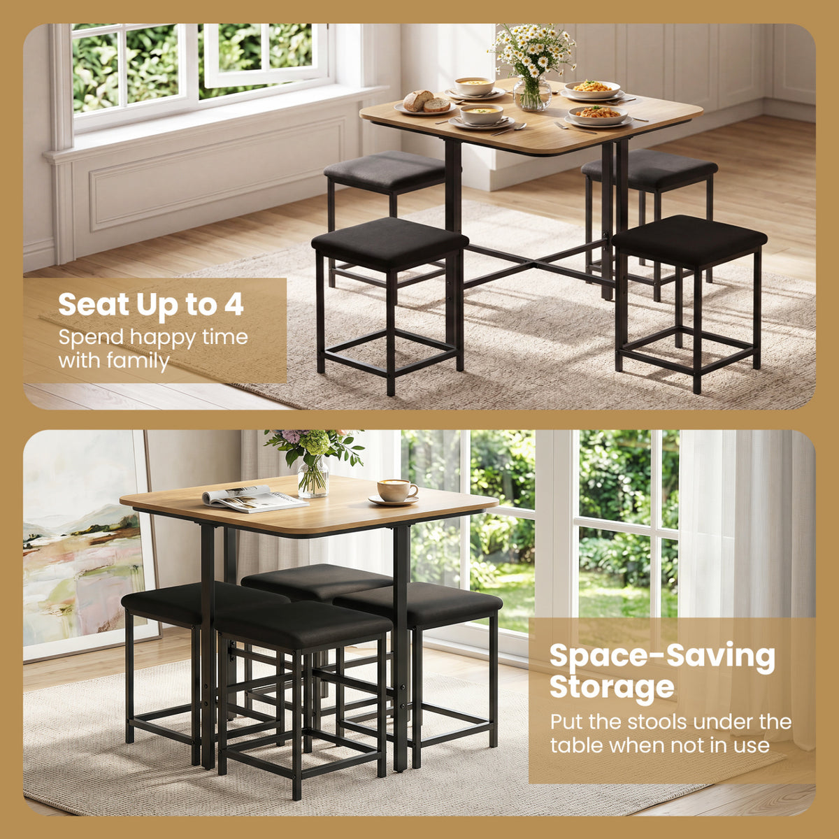 Dining Table Set with 4 Upholstered Stools and Metal Frame