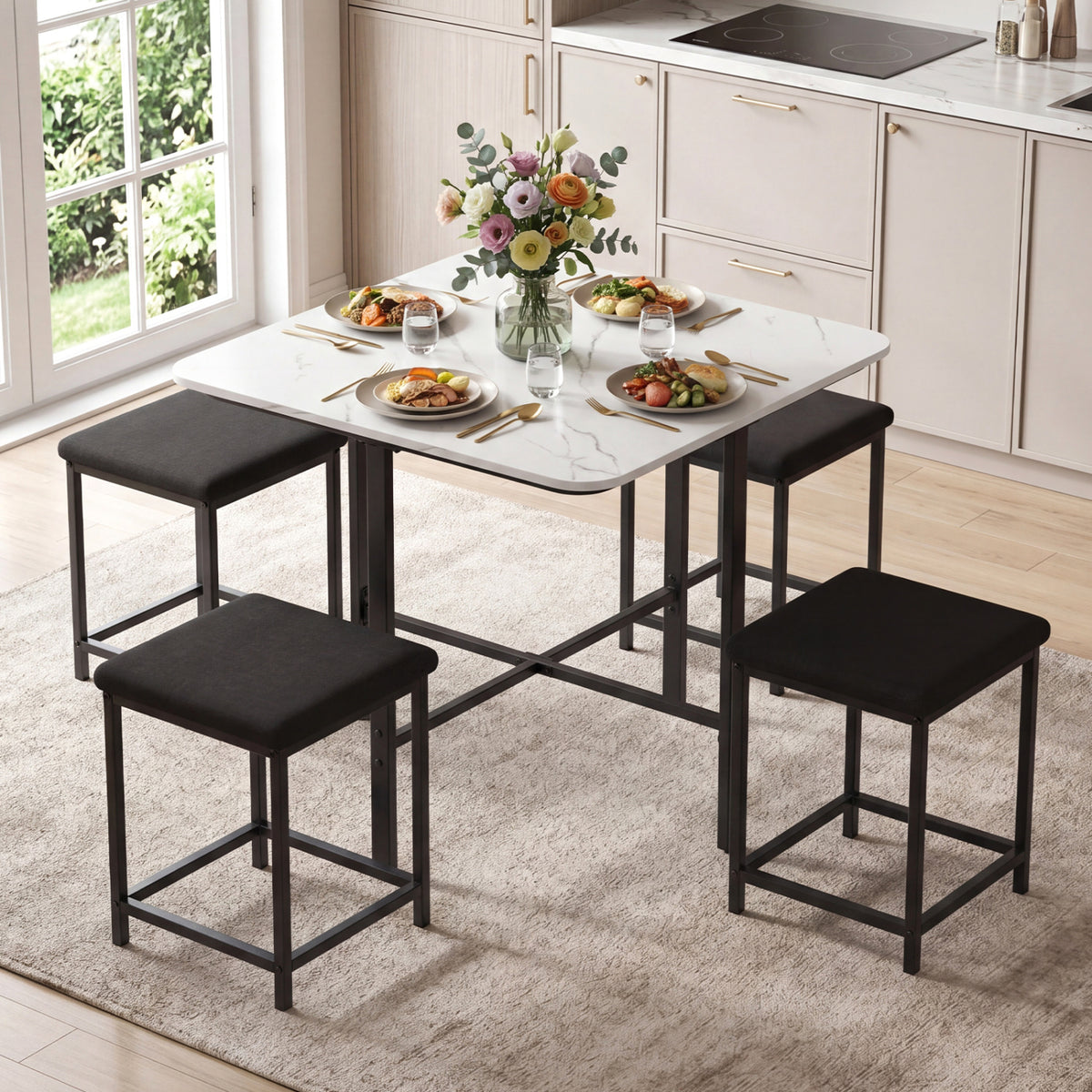 Dining Table Set with 4 Upholstered Stools and Metal Frame