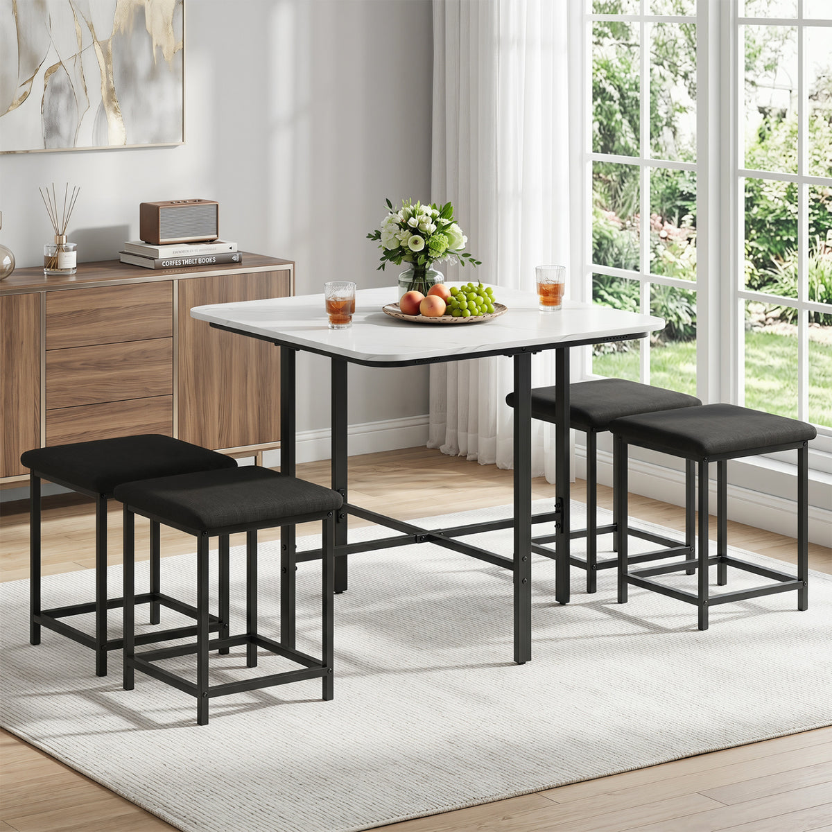 Dining Table Set with 4 Upholstered Stools and Metal Frame