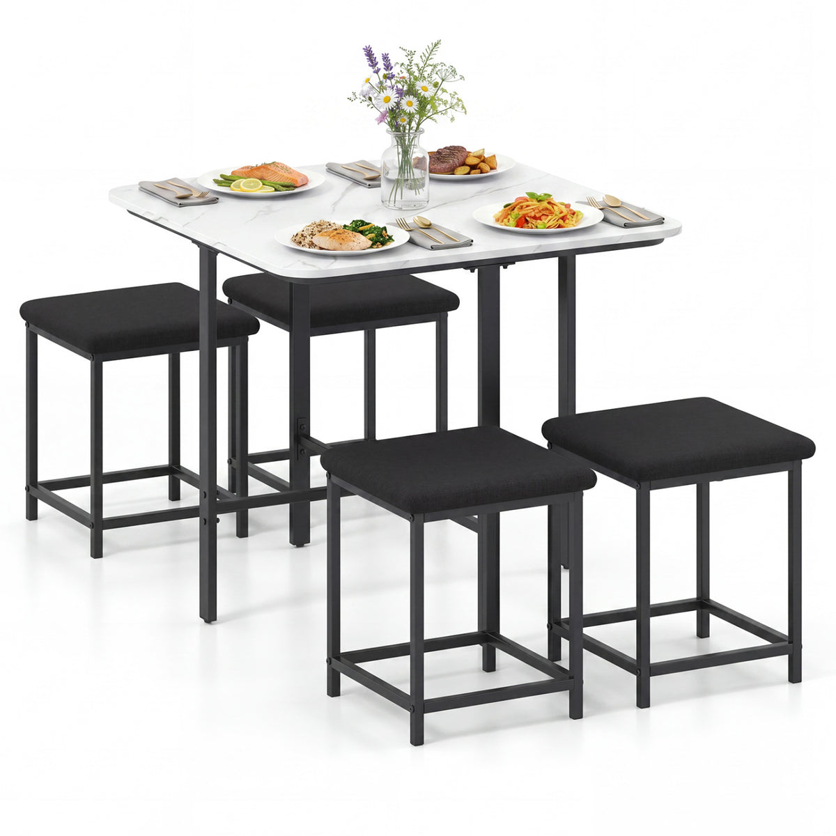 Dining Table Set with 4 Upholstered Stools and Metal Frame