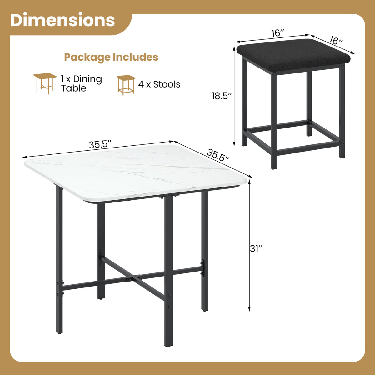 Dining Table Set with 4 Upholstered Stools and Metal Frame
