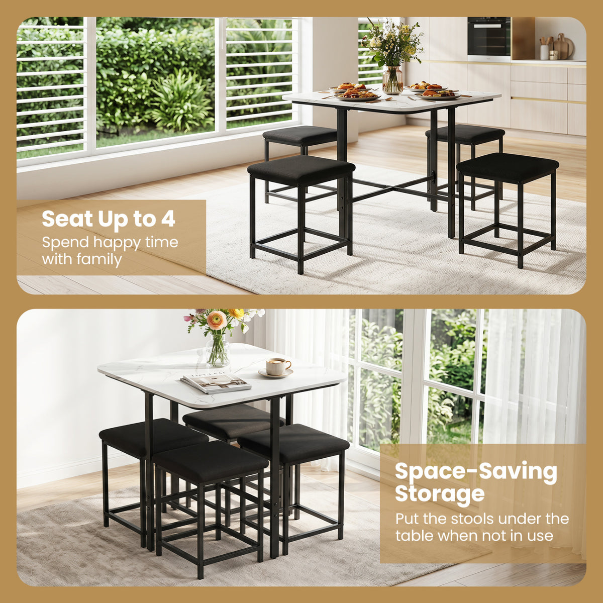 Dining Table Set with 4 Upholstered Stools and Metal Frame