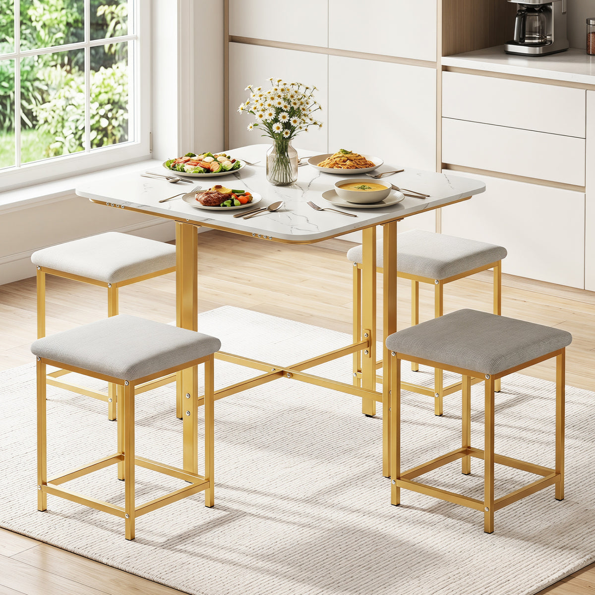 Dining Table Set with 4 Upholstered Stools and Metal Frame