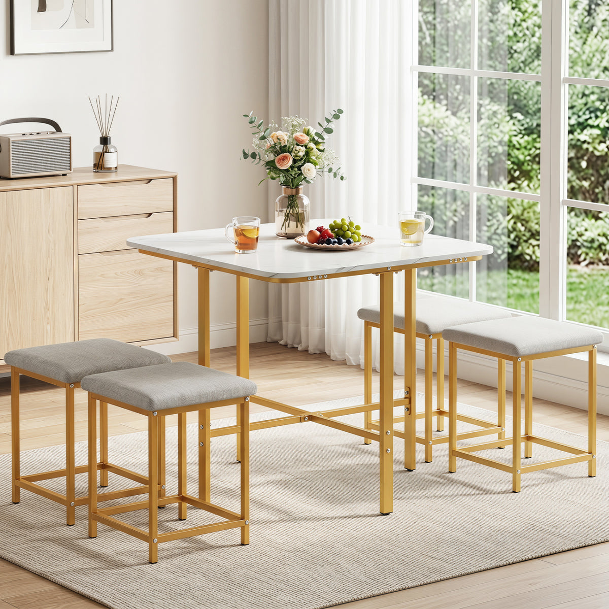 Dining Table Set with 4 Upholstered Stools and Metal Frame