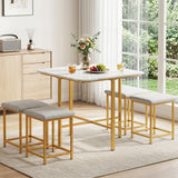 Dining Table Set with 4 Upholstered Stools and Metal Frame