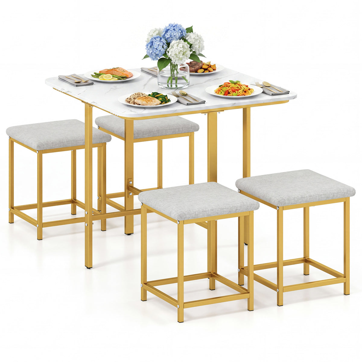 Dining Table Set with 4 Upholstered Stools and Metal Frame