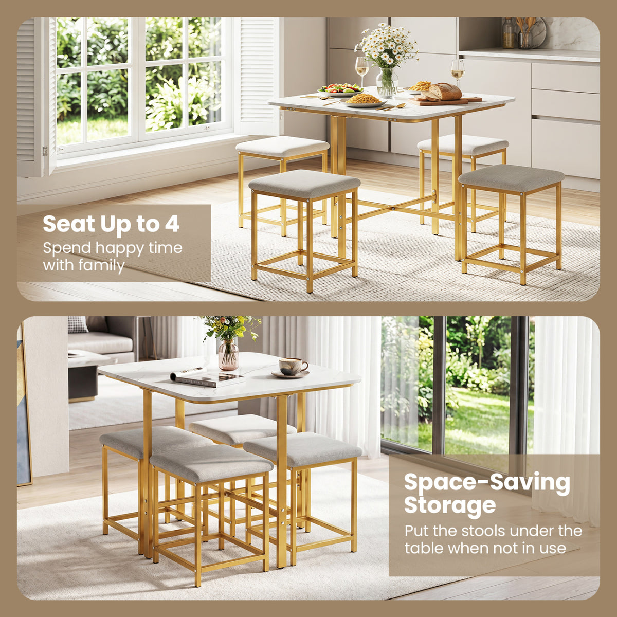 Dining Table Set with 4 Upholstered Stools and Metal Frame