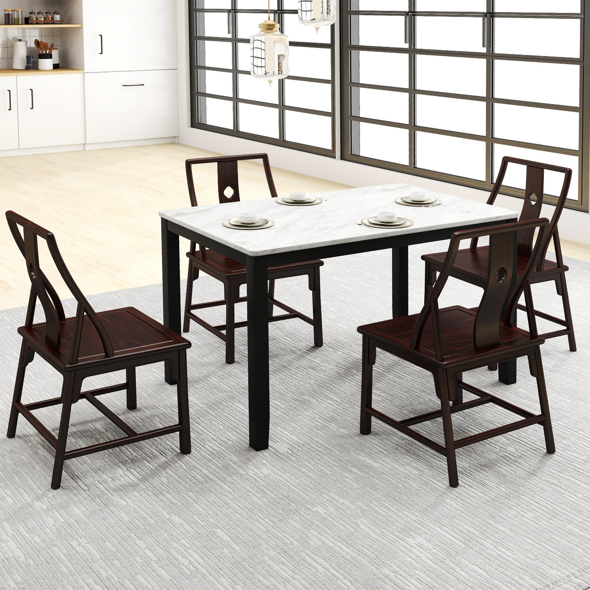 45 Inch Rectangular Mid Century Dining Table with Faux Marble Tabletop for 4 People-Black & White