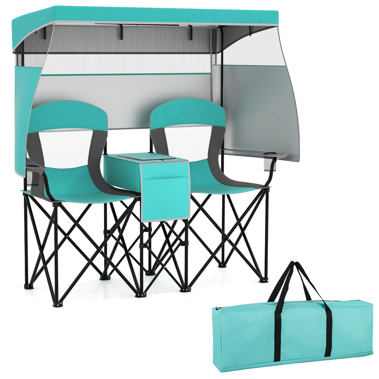 Double Beach Chair with Adjustable Canopy and 3 -Side Shading Curtains