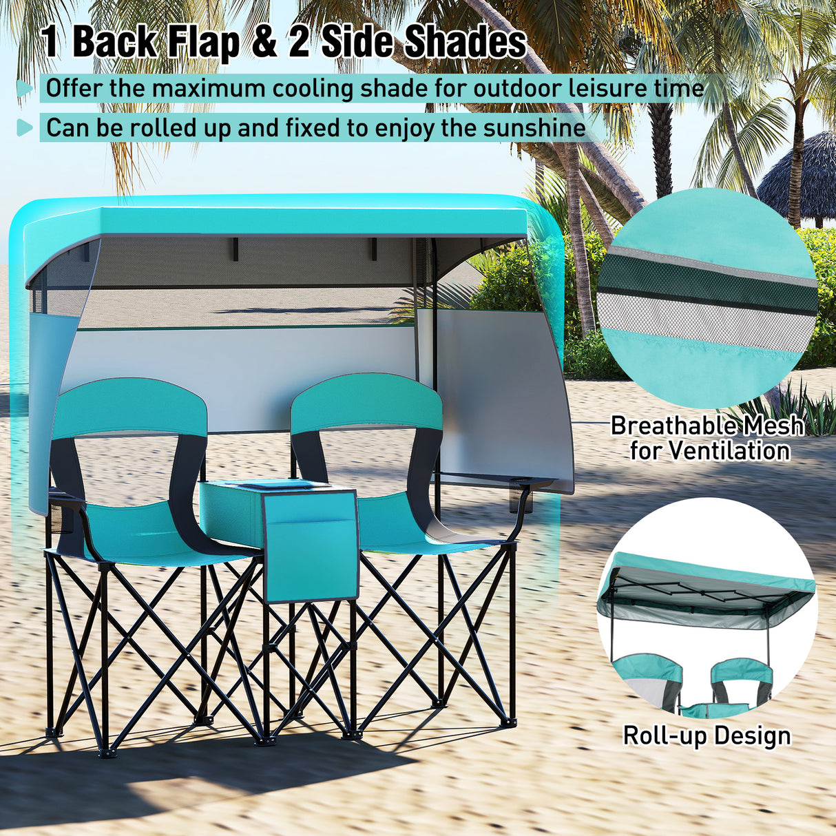 Double Beach Chair with Adjustable Canopy and 3 -Side Shading Curtains