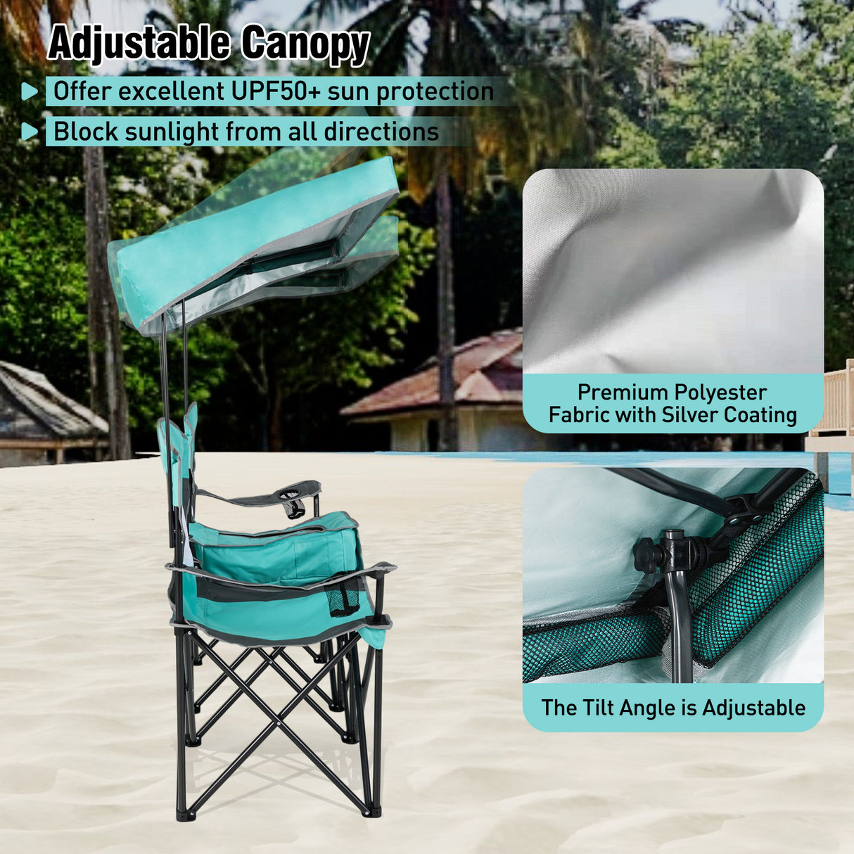 Double Beach Chair with Adjustable Canopy and 3 -Side Shading Curtains