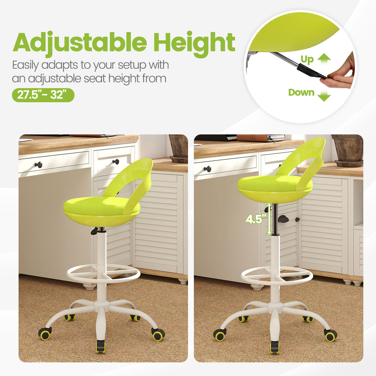 Drafting Stool Rolling Tall Desk Chair with Wheels-Green