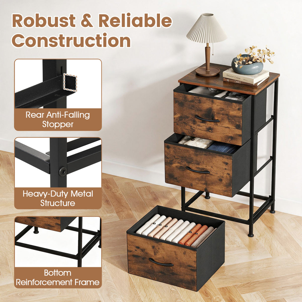Dresser Nightstand with Roomy Fabric Drawers for Bedroom Storage Cabinet with Metal Frame