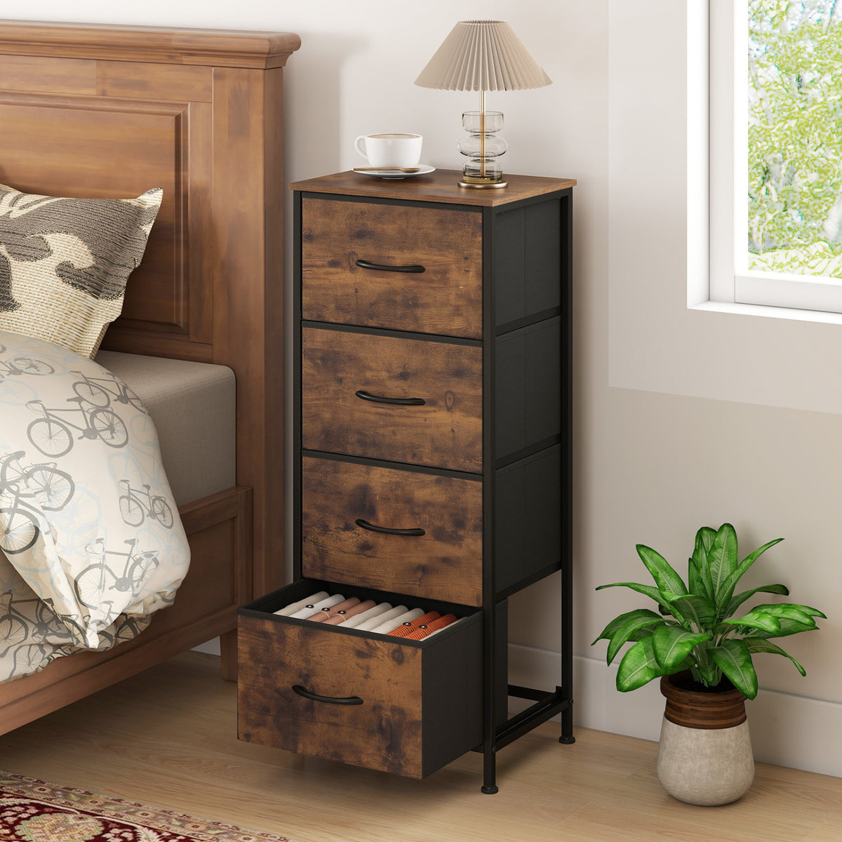 Dresser Nightstand with 4 Roomy Fabric Drawers and Metal Frame