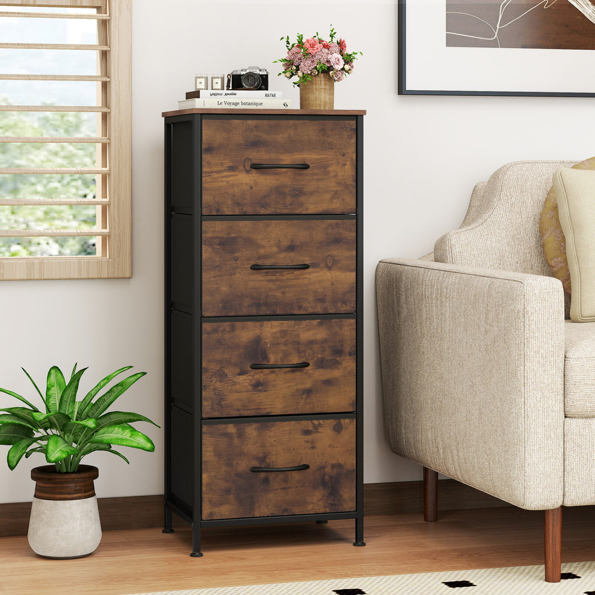 Dresser Nightstand with 4 Roomy Fabric Drawers and Metal Frame