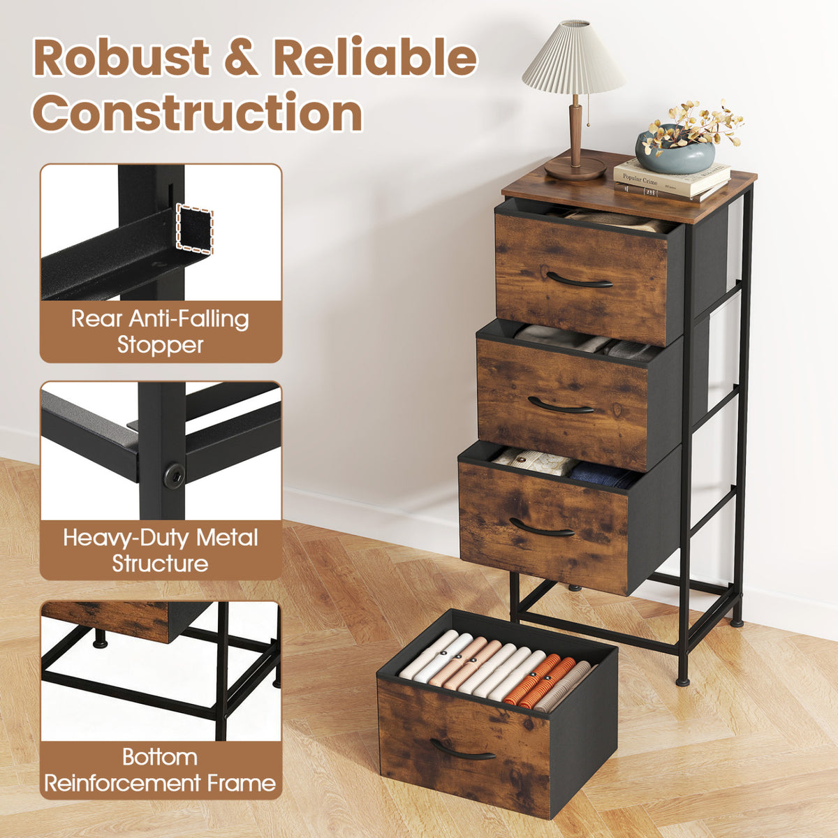 Dresser Nightstand with 4 Roomy Fabric Drawers and Metal Frame