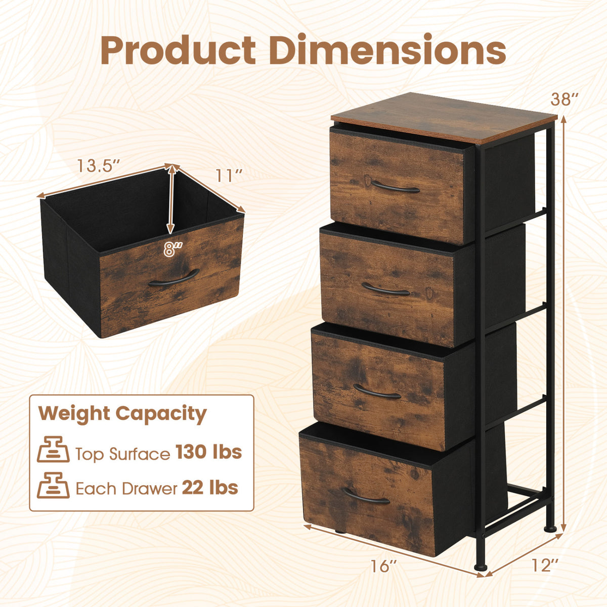 Dresser Nightstand with 4 Roomy Fabric Drawers and Metal Frame
