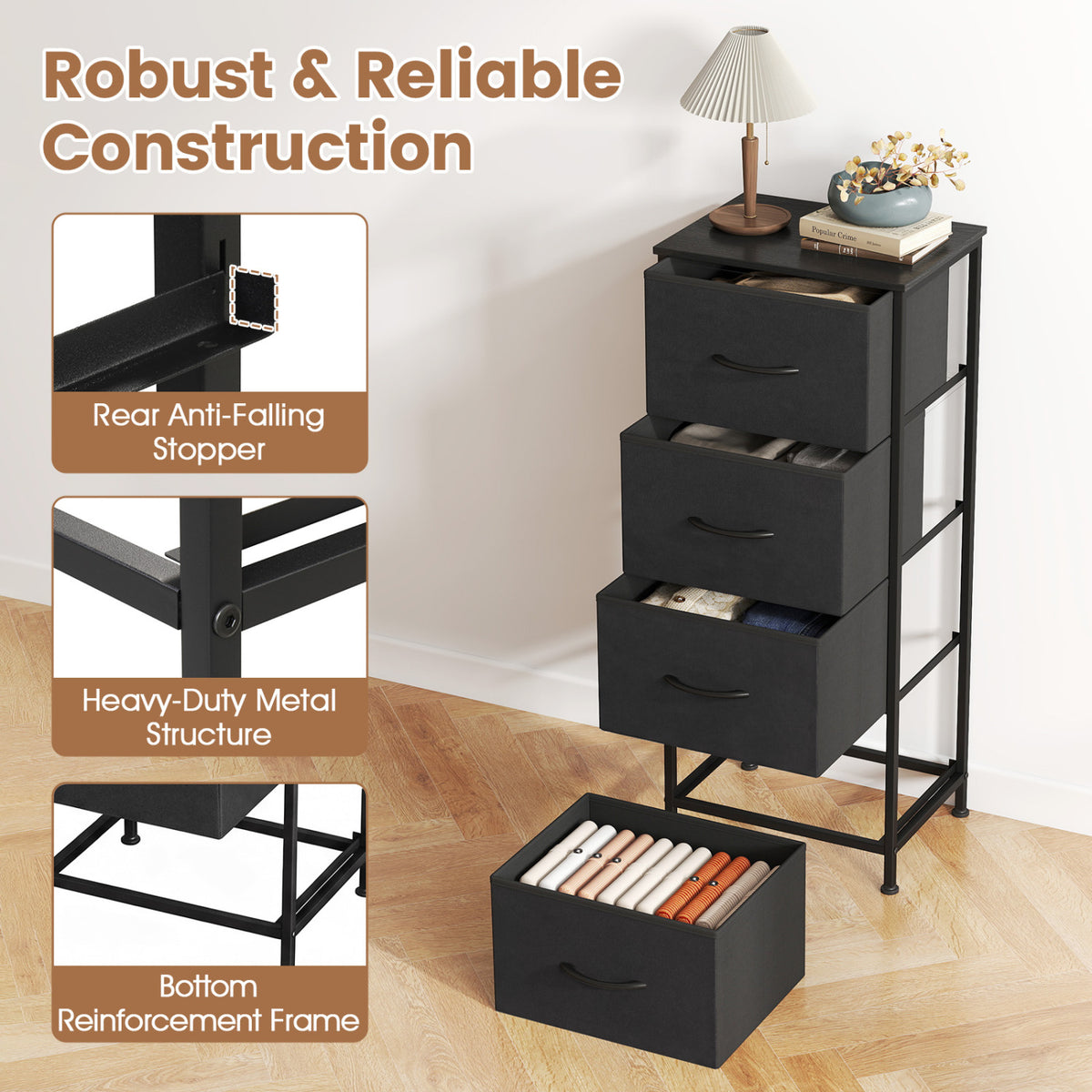 Dresser Nightstand with 4 Roomy Fabric Drawers and Metal Frame