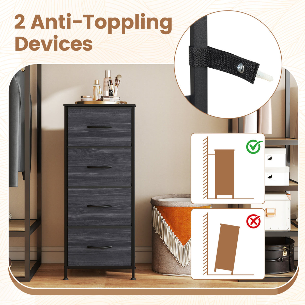 Dresser Nightstand with 4 Roomy Fabric Drawers and Metal Frame