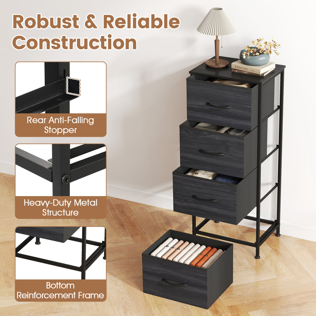 Dresser Nightstand with 4 Roomy Fabric Drawers and Metal Frame