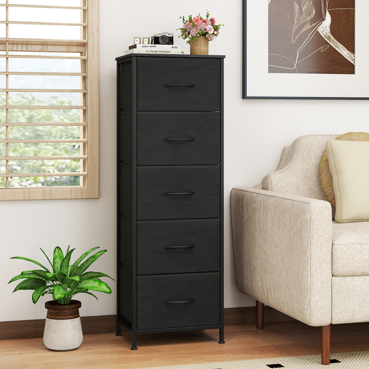 Dresser Nightstand with 5 Roomy Fabric Drawers for Bedroom
