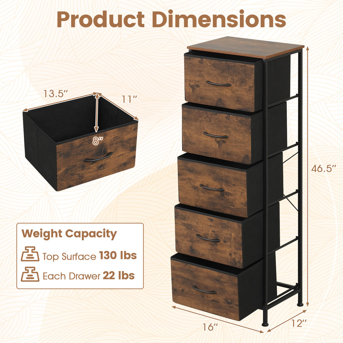 Dresser Nightstand with 5 Roomy Fabric Drawers for Bedroom