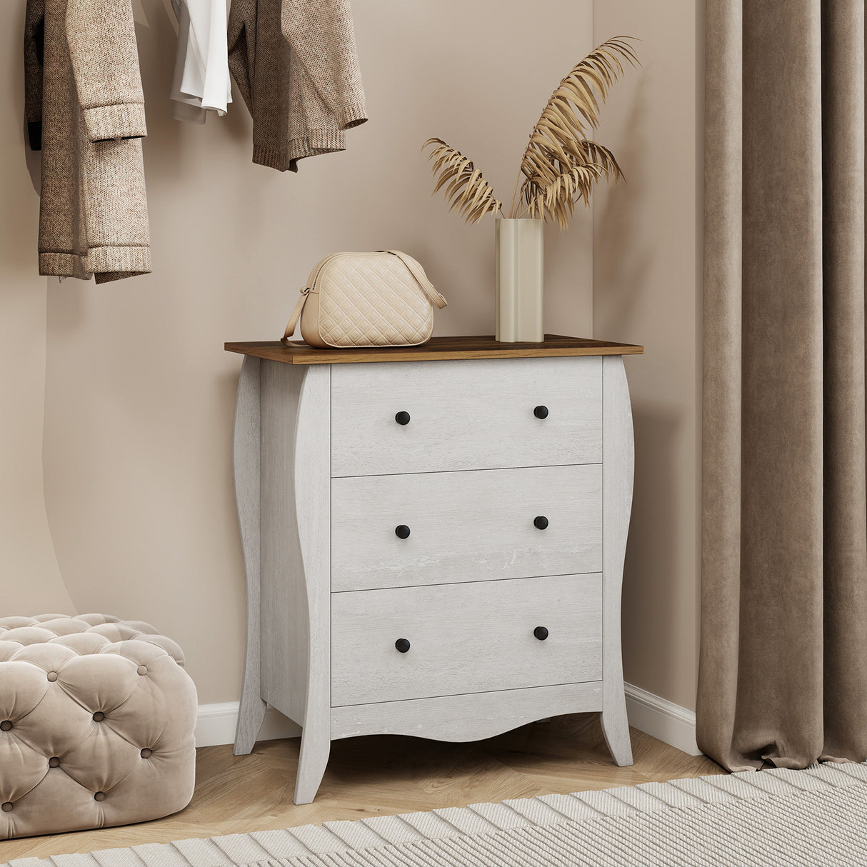Dresser for Bedroom with 3 Folding Fabric Drawers and Anti-tipping Kit