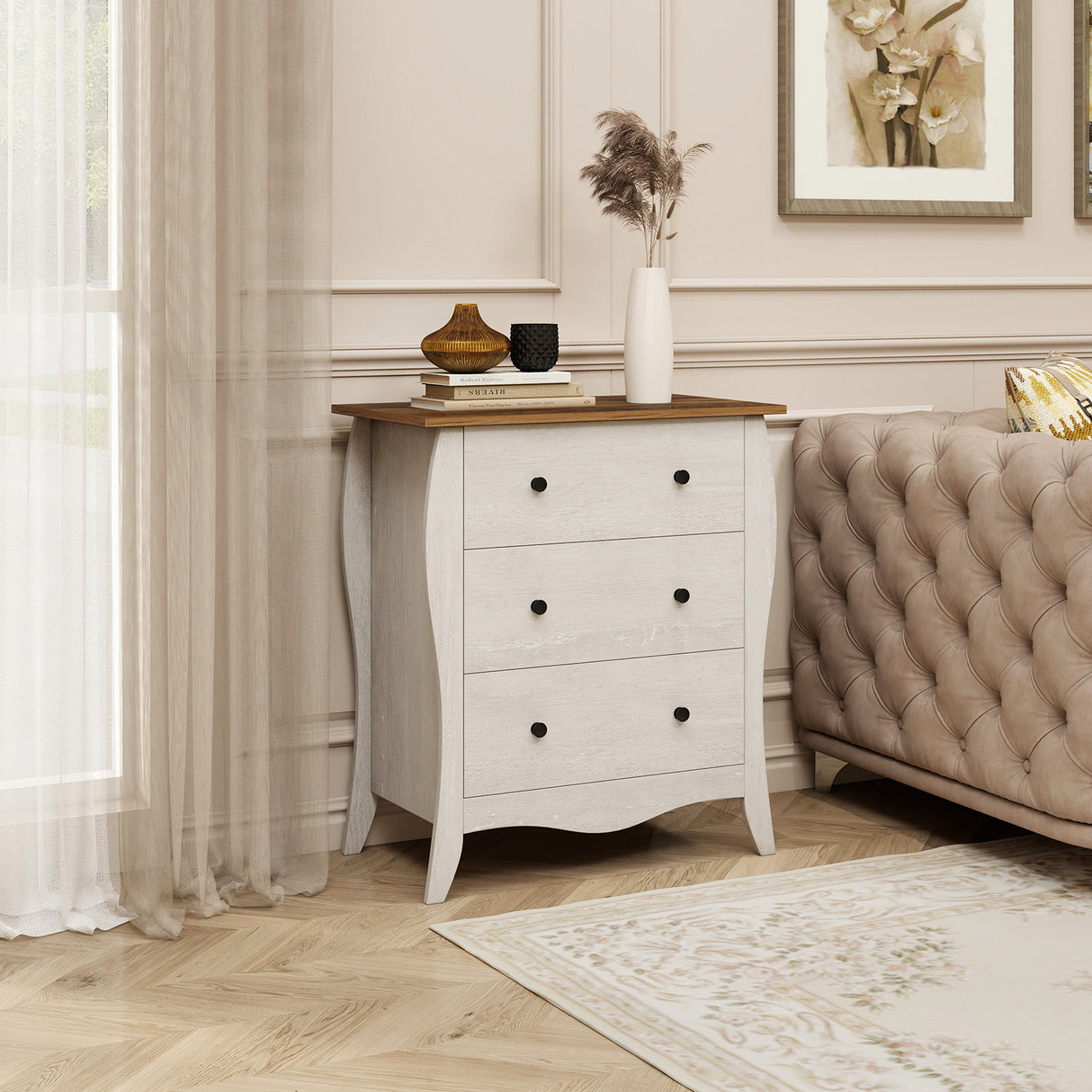 Dresser for Bedroom with 3 Folding Fabric Drawers and Anti-tipping Kit