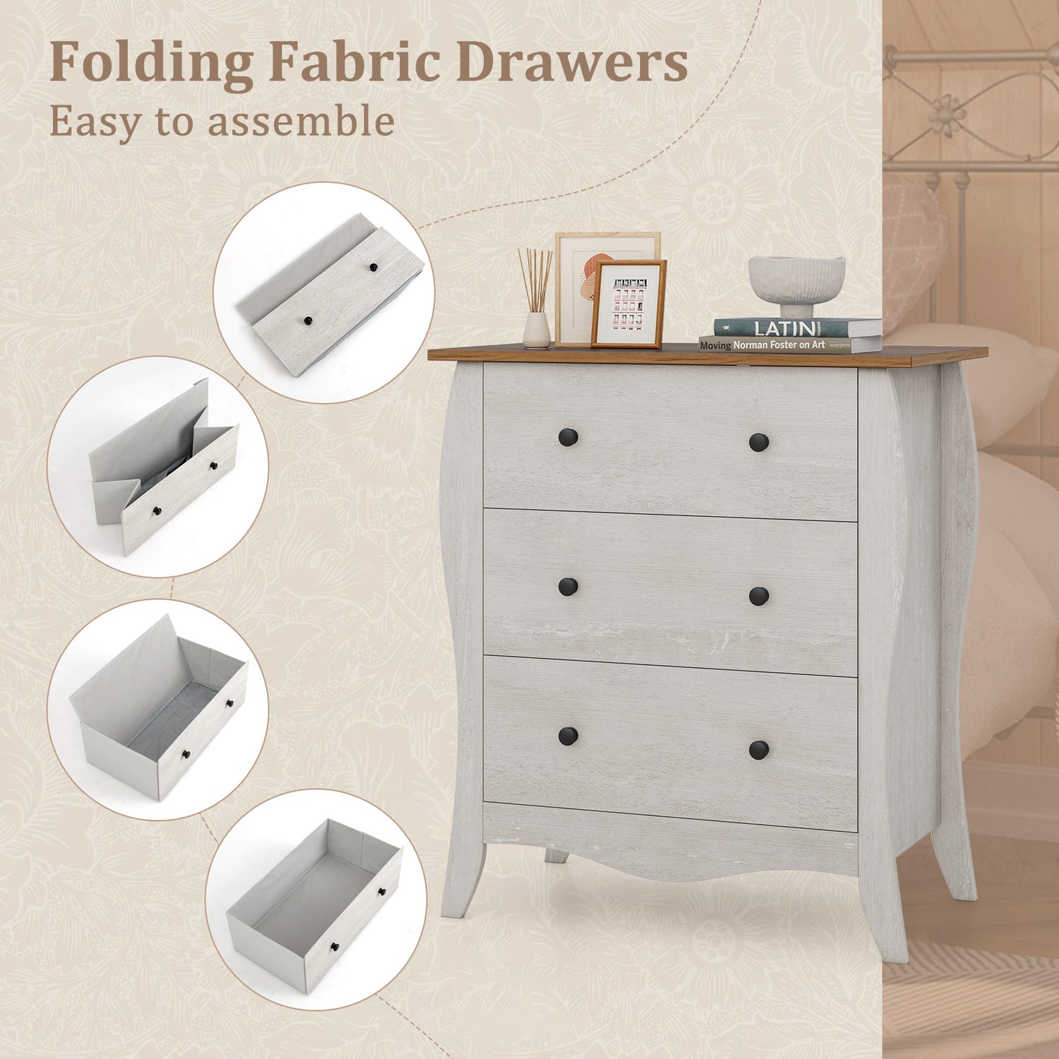 Dresser for Bedroom with 3 Folding Fabric Drawers and Anti-tipping Kit