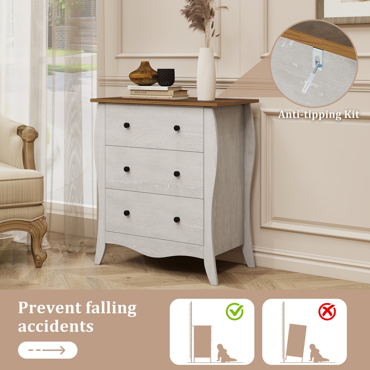 Dresser for Bedroom with 3 Folding Fabric Drawers and Anti-tipping Kit