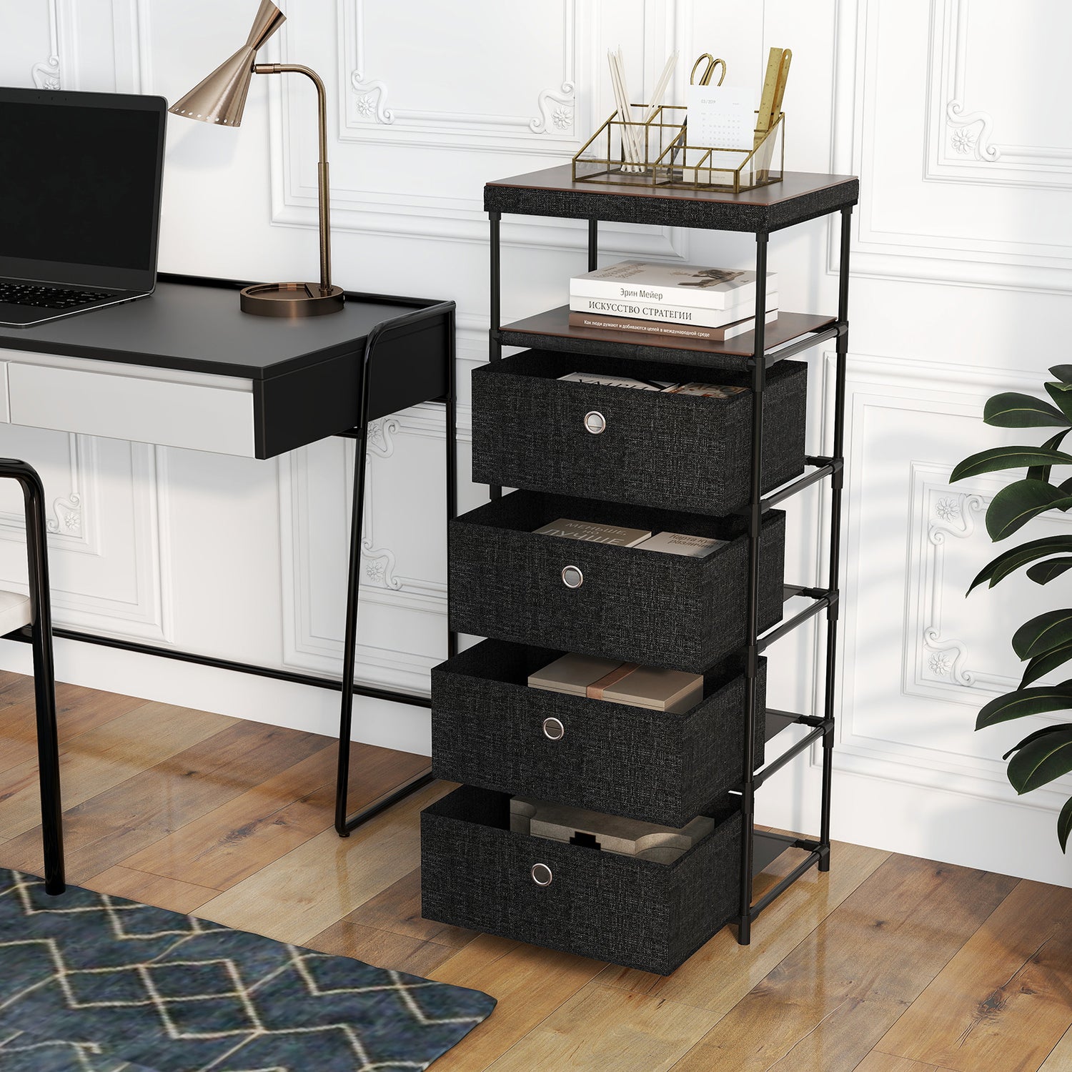 Dresser with 3/4 Drawers Fabric Storage Tower with Wood Top and Metal Frame