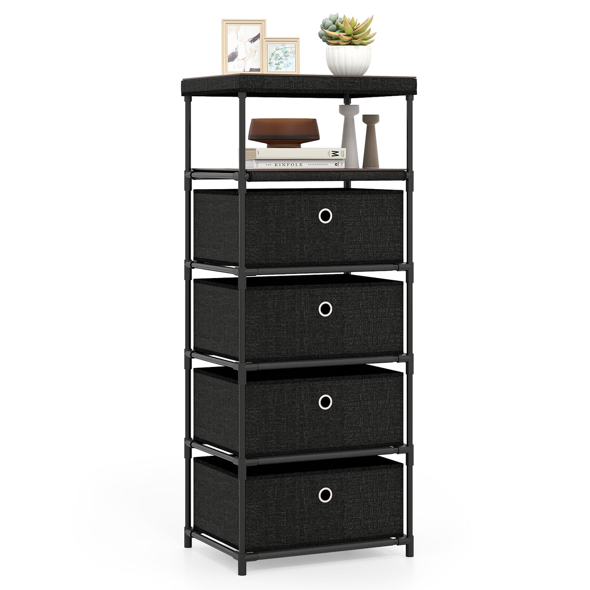 Dresser with 3/4 Drawers Fabric Storage Tower with Wood Top and Metal Frame